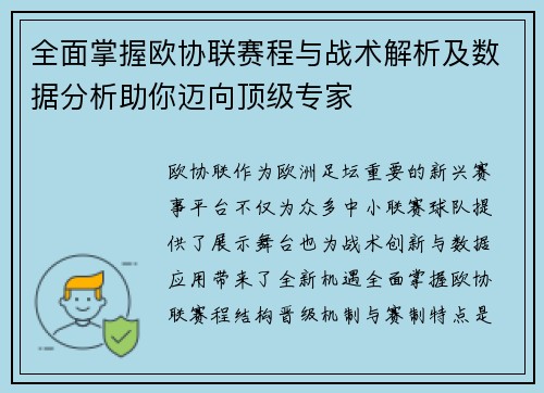 全面掌握欧协联赛程与战术解析及数据分析助你迈向顶级专家